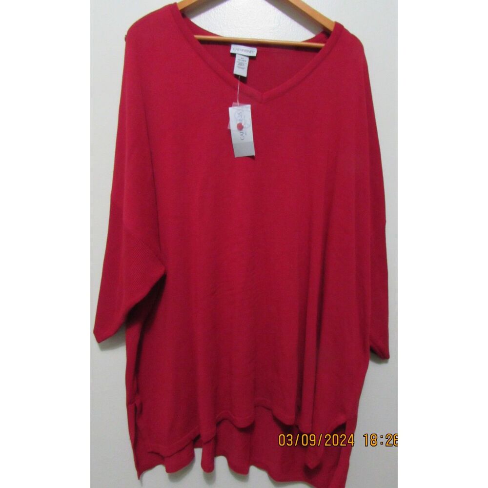 CATHERINES SIZE 5X 34/36W RED LIGHTWEIGHT SWEATER NEW BUTTONS ON SLEEVES